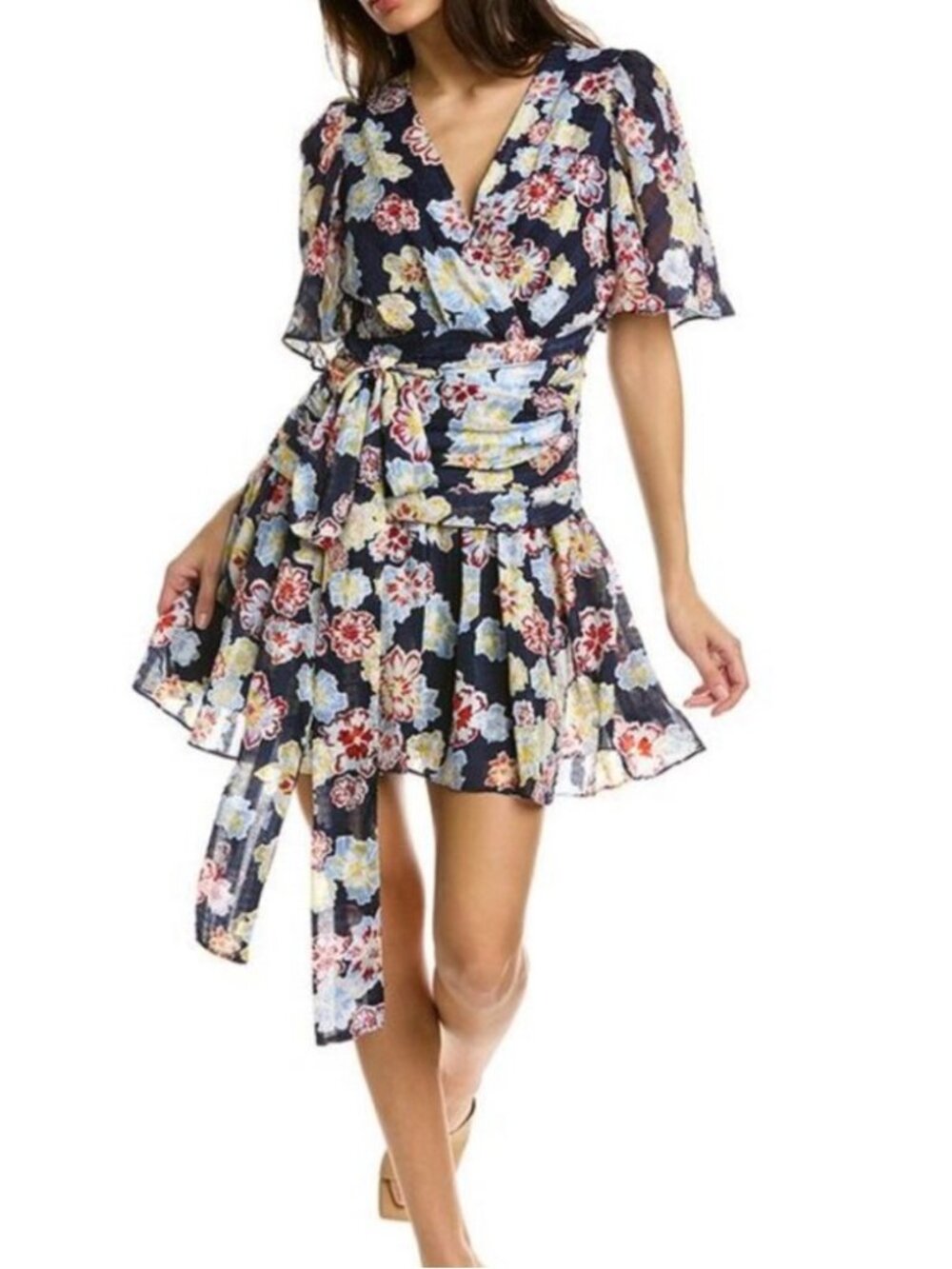 Tanya Taylor Dress Brynn Faux Wrap Blue Floral Mini V Neck Flowy Flutter sleeve